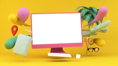 Travel essentials with computer Stock Illustration