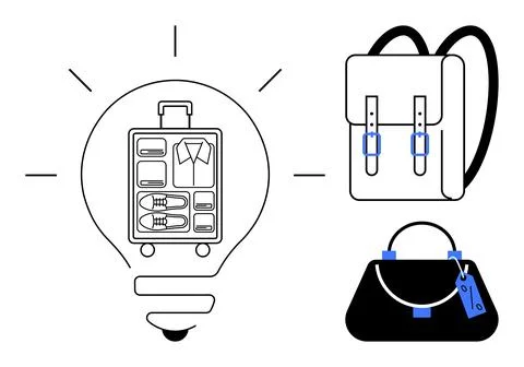 Travel Essentials Concept with Luggage, Backpack, and Handbag inside a Ligh.. Stock Illustration