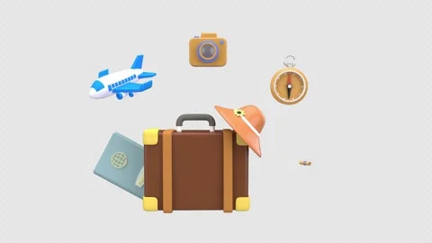 Travel essentials concept with suitcase, plane, passport, map, and camera r.. Stock Footage 310603455
