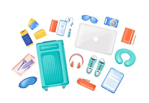 Travel essentials flat color vector objects set Illustrazione stock