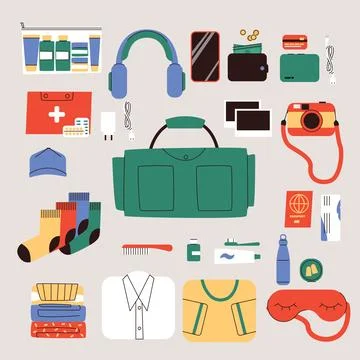 Travel Essentials Flat Vector Illustration Packing Checklist, Luggage, Clothing 스톡 일러스트