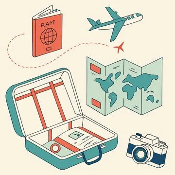 Travel Essentials Vector Set with Suitcase Passport and Airplane Stock Illustration