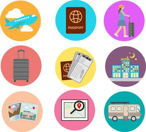 Travel flat icon set vector Stock Illustration