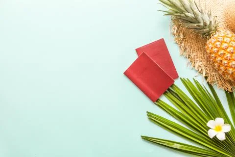 Travel flat lay items: fresh pineapple, two passports, hat, tropical flower p Stock-Fotos