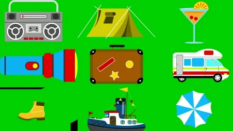 Travel gear on green screen featuring boombox tent cocktail flashlight Stock Footage 334704228