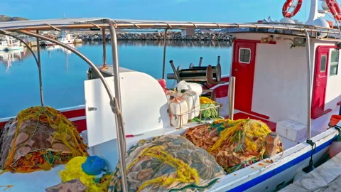 Travel to Greece and explore simple local life. View of fishing boats in Paros Stock Footage 169410926