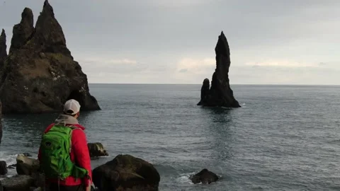 Travel Iceland - Hiking the Sea Stacks Stock Footage
