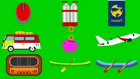 Travel icons on green screen featuring mouse scuba passport camper piggy Stock Footage 334704100