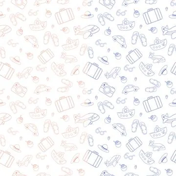 Travel icons pattern of flip flops beach car ship cold ice cream Illustrazione stock
