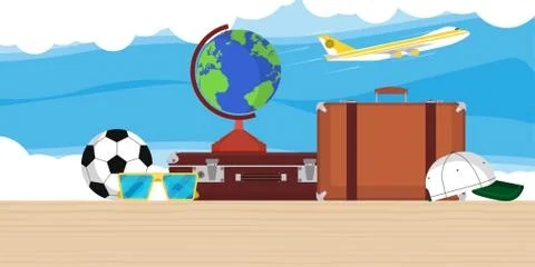 Travel illustration vector background with globe, plane, bag and clouds. Flat Stock Illustration