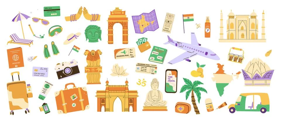 Travel to India vector elements set. Summer Vacation in India, Planning and Stock Illustration