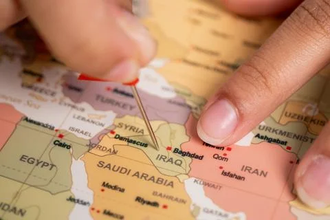 Travel insights and interactive learning mapping iraq in context of middle .. Stock Photos
