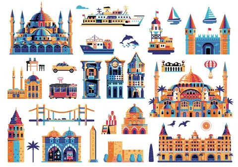Travel Istanbul Elements and Turkey Clip Arts Stock Illustration