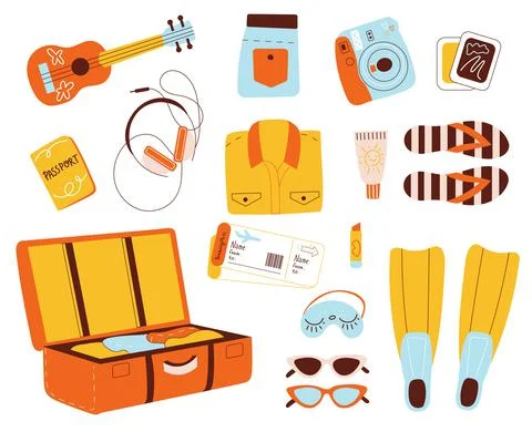 Travel items. Comfortable journey elements, summer vacation accessories イラスト素材