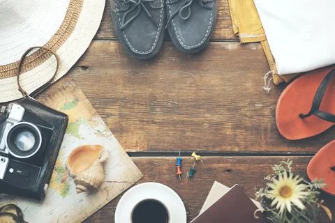 Travel items on table Stock Photos