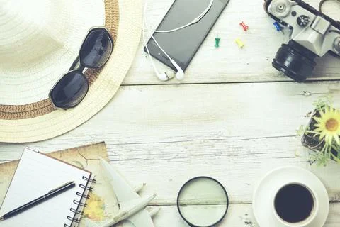 Travel items on table Stock Photos