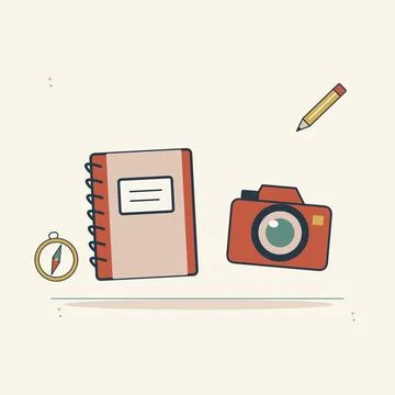 Travel journal with a camera and compass. Decorative flat vector composition  Illustrazione stock
