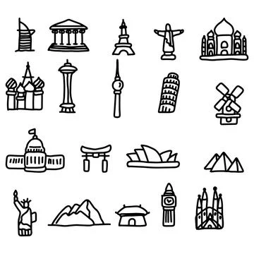 Travel landmarks icon set vector illustration sketch hand drawn with black li Stockillustratie