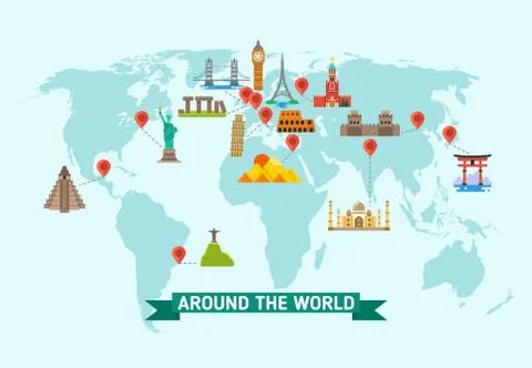 Travel landmarks on world map vector illustration Stockillustratie