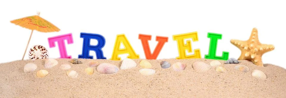 Travel letters on a beach sand on a white Stock Photos