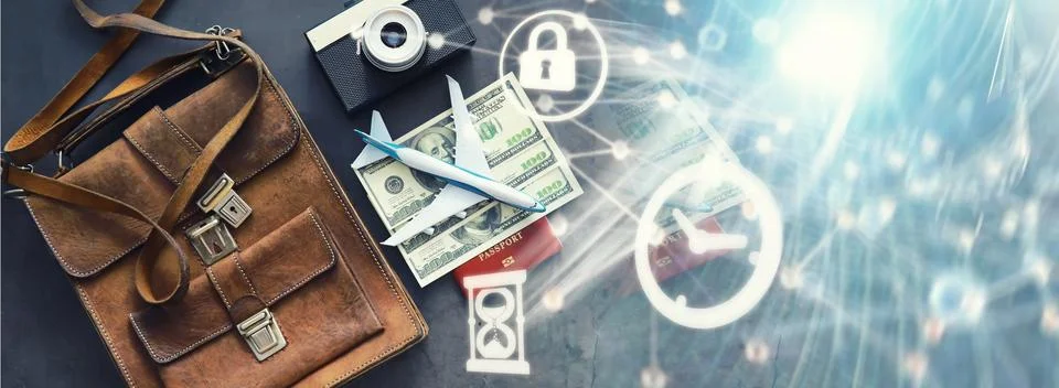 Travel light. Money, documents and a small briefcase. Open borders, freedom.. Stock Photos