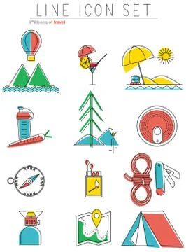 Travel line icons set. Outdoor equipment, camping symbols and design elements Stock Illustration