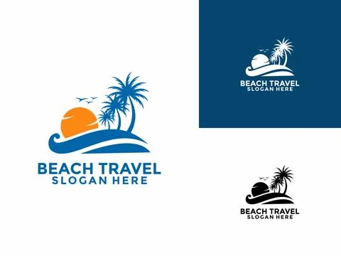 Travel Logo Icon Design Vector, Travel Beach logo with Beach, palm, and sun.. Illustrazione stock