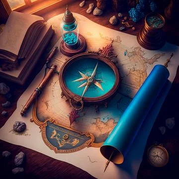 Travel map and compass on the table, pirate map Stock Illustration