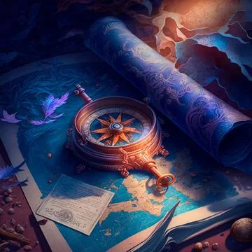 Travel map and compass on the table, pirate map Stock Illustration