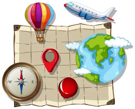 Travel Map with Globe, Compass, and Transportation Icons 스톡 일러스트