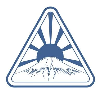 Travel map icon. Tourism patch. Mountain sunrise. Silhouette sun rays. Extreme 스톡 일러스트