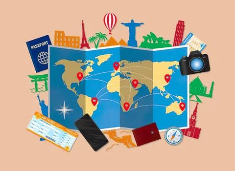 Travel map with landmarks passport camera and tickets Stock Illustration