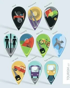 Travel map pins set Stock Illustration