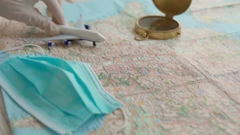 Travel map plane face mask protection virus quarantine Stock-Footage 132334989