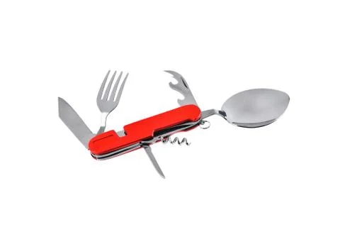 Travel multi-tool with fork, spoon and can opener, multifunctional set, utili Stock Photos