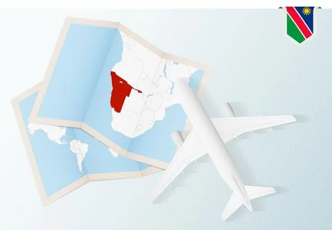 Travel to Namibia, top view airplane with map and flag of Namibia. Stock Illustration