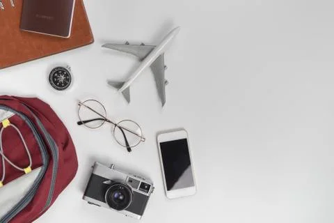 Travel objects for backpacker on white copy space Stock Photos