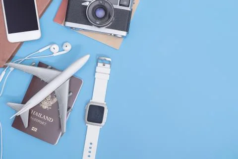 Travel objects on blue with copy space for text banner Stock Photos