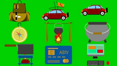Travel objects on green screen featuring backpack car pot compass lantern Stock Footage 334704094