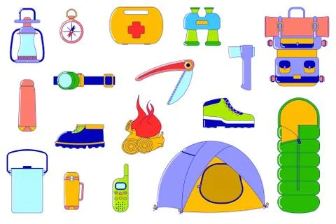 Travel objects, set of vector illustrations isolated on white, flat style Stock Illustration