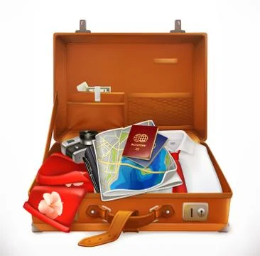Travel. Open Suitcase. 3d vector icon Stock Illustration