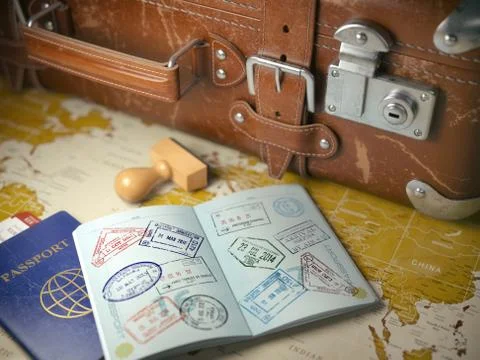 Travel or turism concept.  Old  suitcase  with opened passport with visa st.. 库存插图