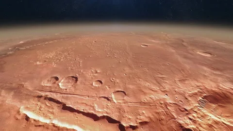 Travel over the red planet Mars. The camera flies in low orbit above the surface Stock-Footage 101589972