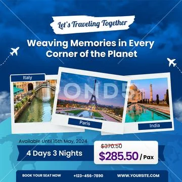 Travel package offer weaving memories around the planet PSD Template