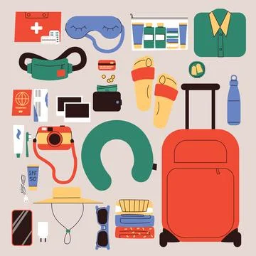 Travel Packing Essentials Vector Illustration Suitcase, Neck Pillow, Toiletries 스톡 일러스트