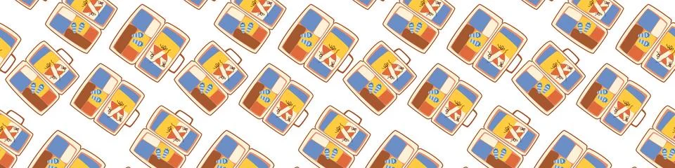 Travel packing pattern border with open suitcase Stockillustratie