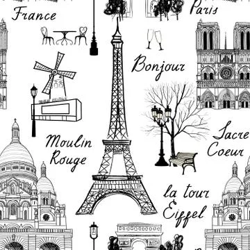 Travel Paris city seamless pattern. Europe famous place background Stock Illustration