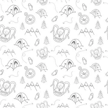 Travel pattern with compass tent coffee pot christmas tree Stock Illustration