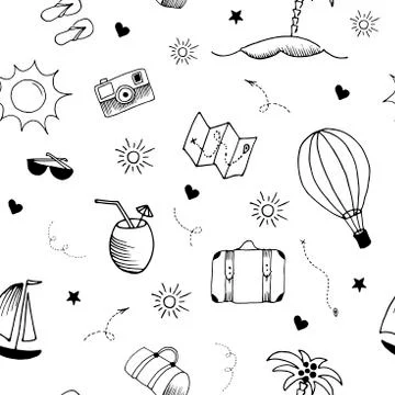 Travel pattern. Hand drawn doodle elements. Seamless vector backdrop. Simple 스톡 일러스트
