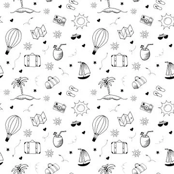 Travel pattern. Hand drawn doodle elements. Seamless vector backdrop. Simple Illustrazione stock